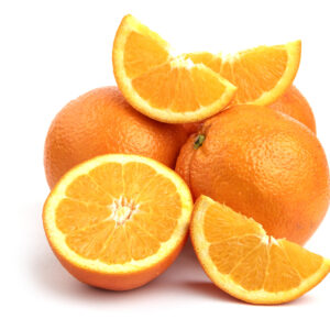 Close up photo of pile of oranges whole or sliced isolated on white background. High quality photo
